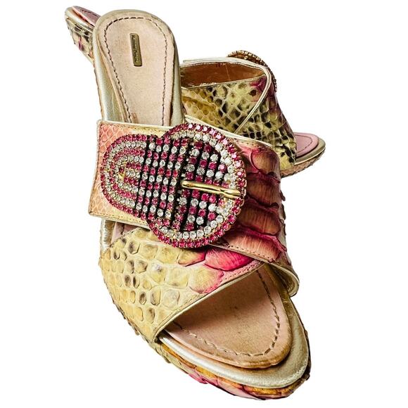 Massimo Dogana Snake Rhinestone Gold Heels Size 37 1/2 Upper Leather Soles - Picture 7 of 16